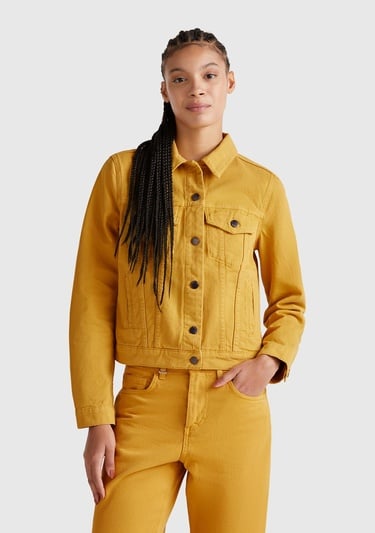  Kadın Sarı %100 Pamuk Yanları Cepli Straight Fit Denim Ceket