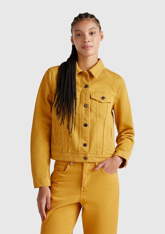  Kadın Sarı %100 Pamuk Yanları Cepli Straight Fit Denim Ceket