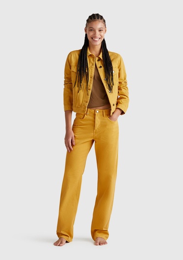  Kadın Sarı %100 Pamuk Yanları Cepli Straight Fit Denim Ceket