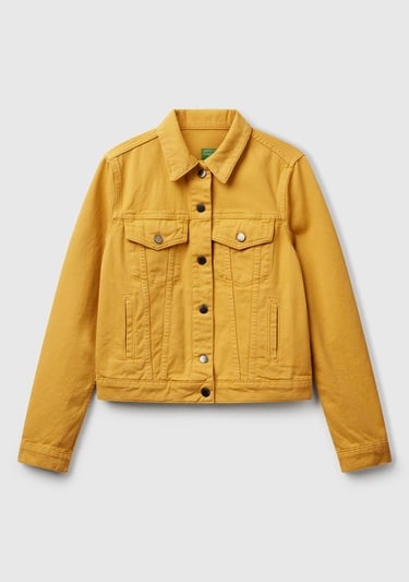  Kadın Sarı %100 Pamuk Yanları Cepli Straight Fit Denim Ceket