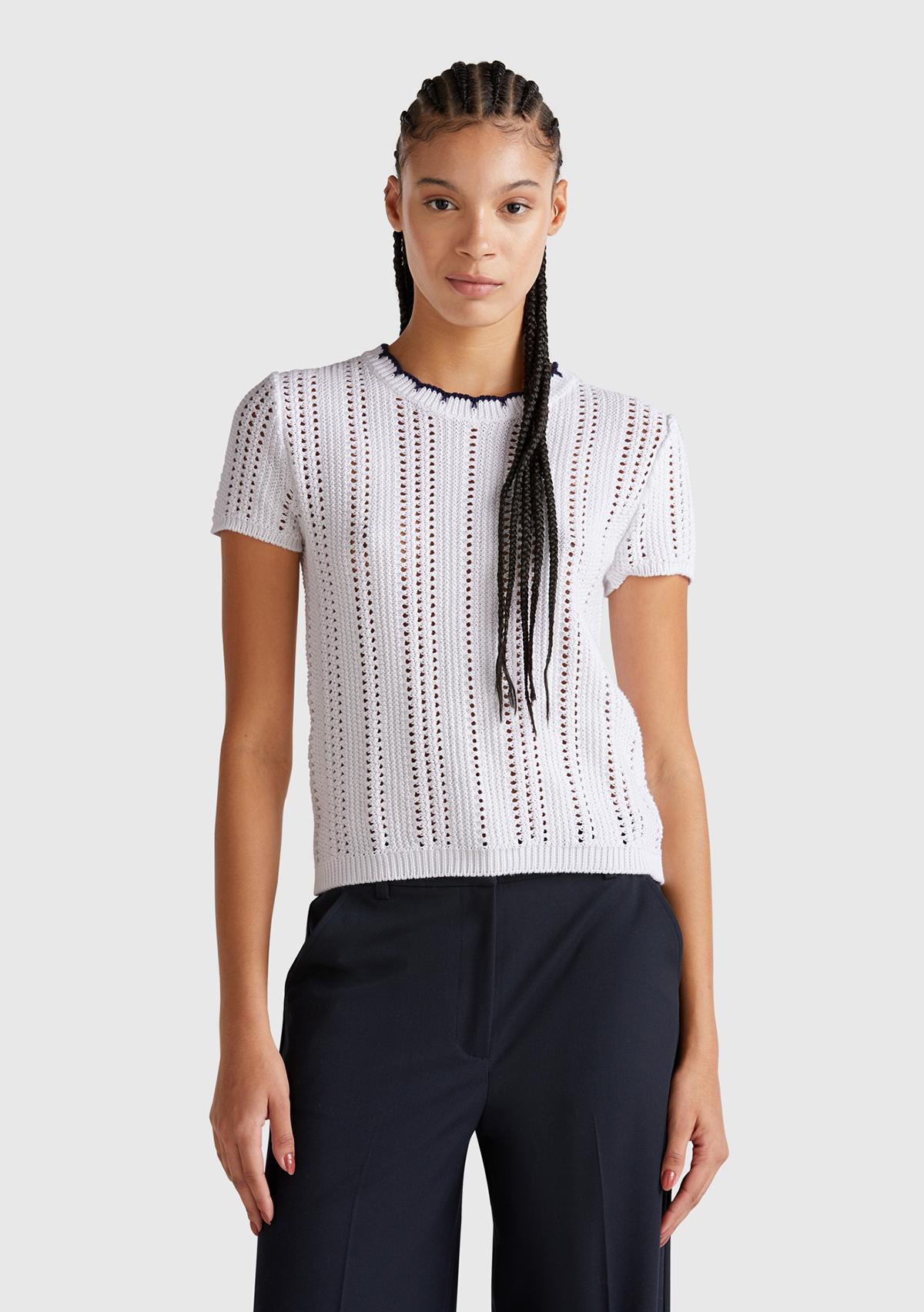  Kadın Beyaz %100 Koton Slim Fit Kısa Kollu Kazak