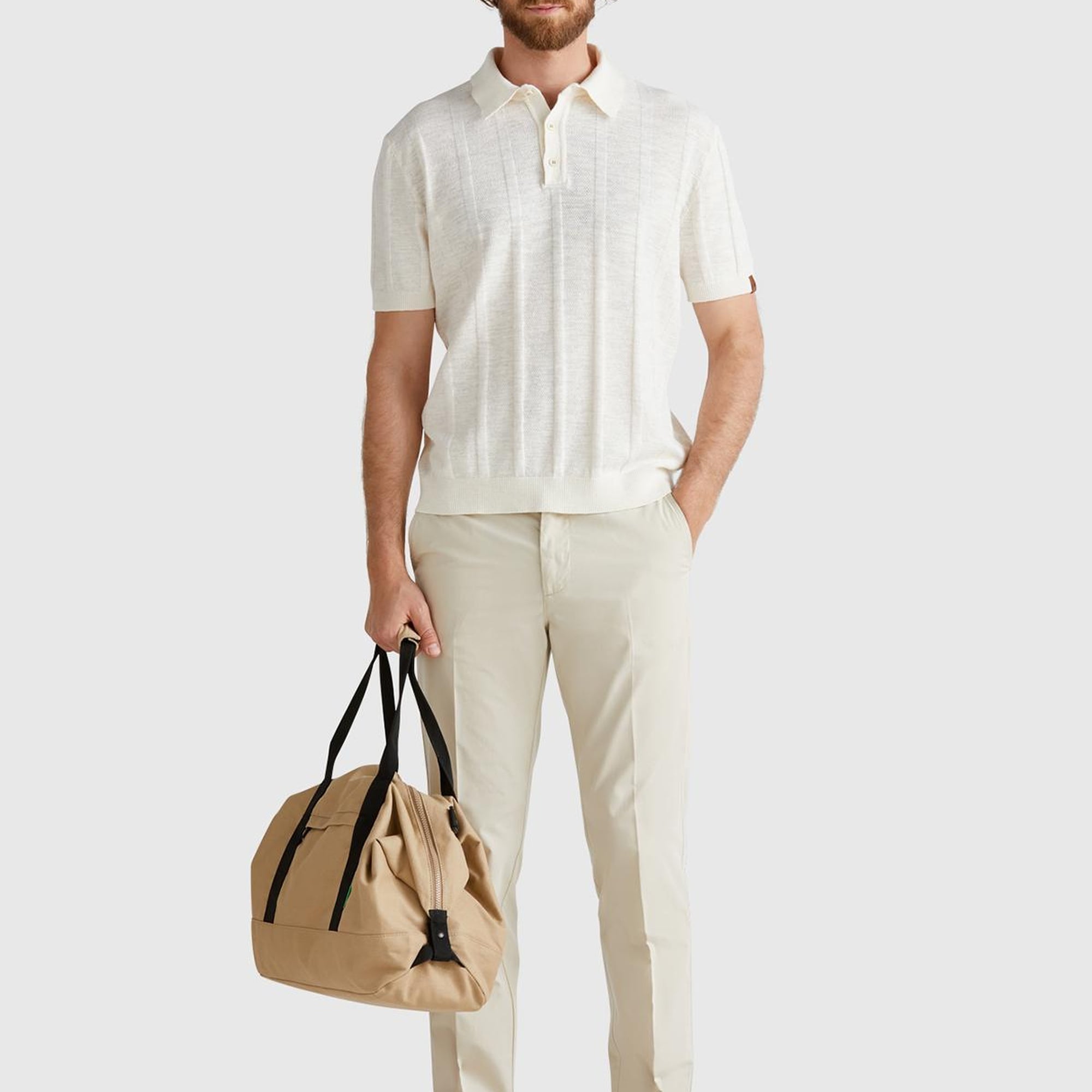 Erkek Krem Keten Karışımlı Kontrastlı Düğmeli Regular Fit Polo Yaka Kazak