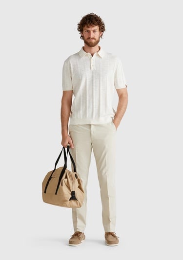  Erkek Krem Keten Karışımlı Kontrastlı Düğmeli Regular Fit Polo Yaka Kazak