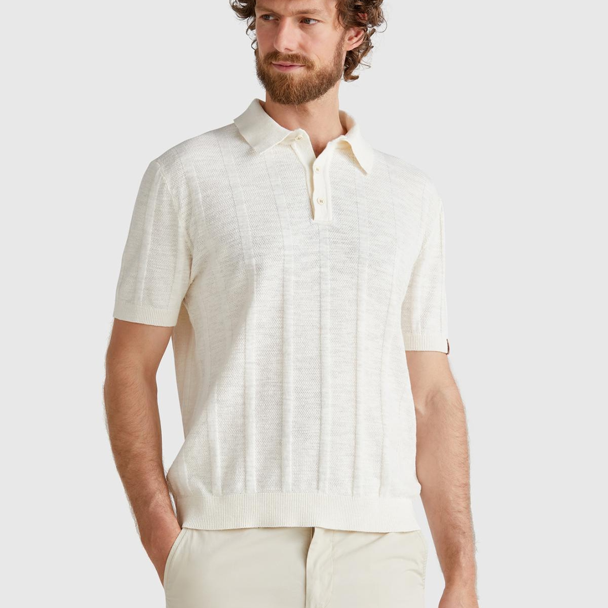 Erkek Krem Keten Karışımlı Kontrastlı Düğmeli Regular Fit Polo Yaka Kazak