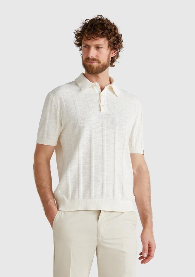  Erkek Krem Keten Karışımlı Kontrastlı Düğmeli Regular Fit Polo Yaka Kazak