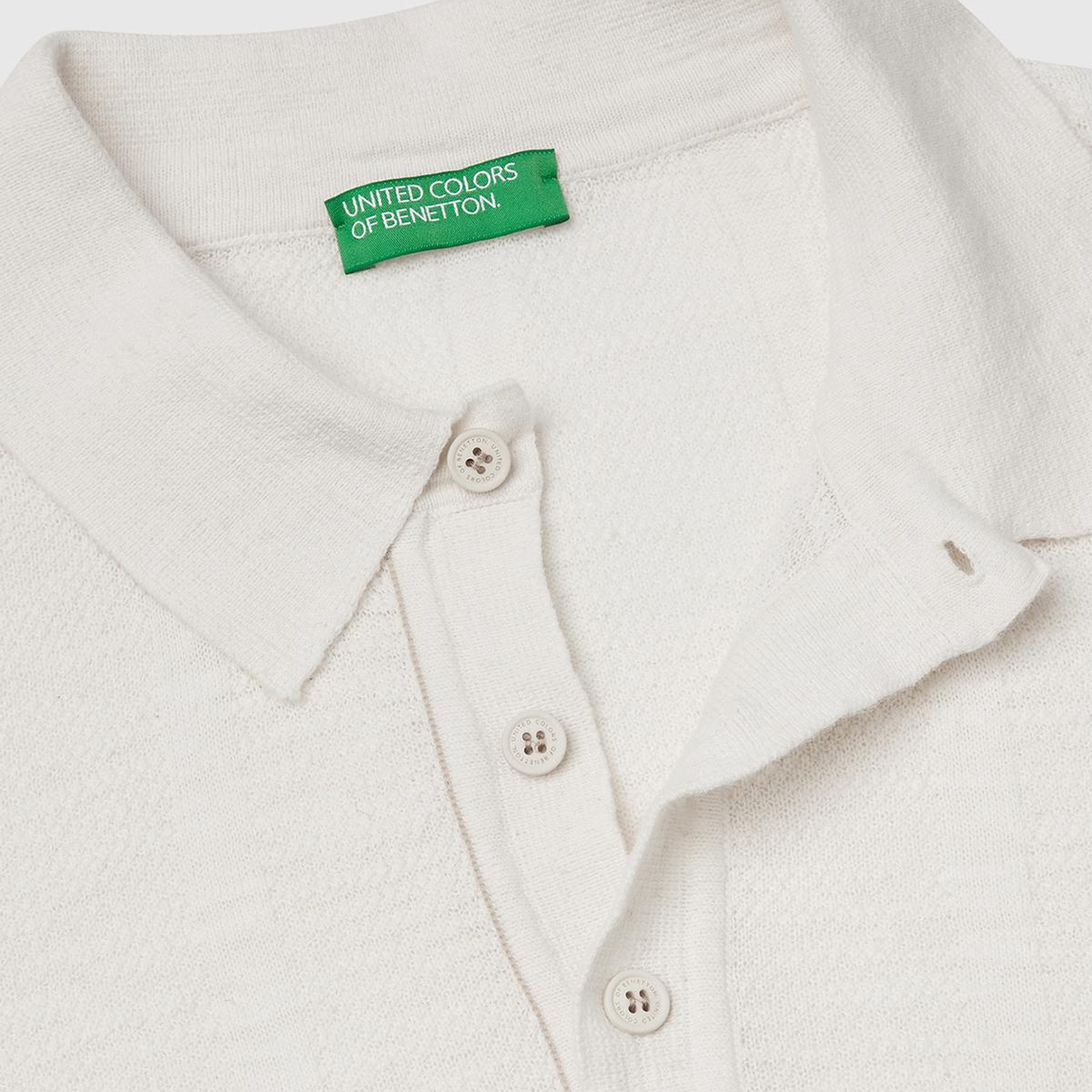 Erkek Krem Keten Karışımlı Kontrastlı Düğmeli Regular Fit Polo Yaka Kazak