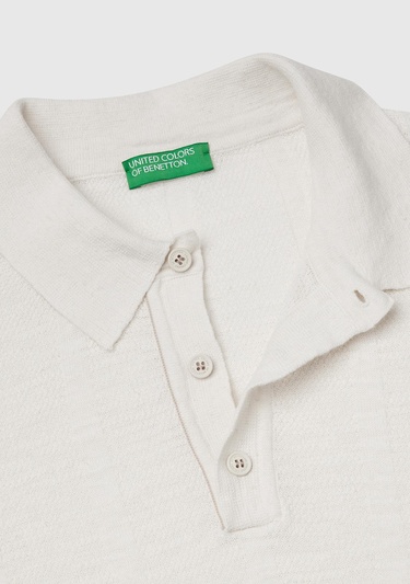  Erkek Krem Keten Karışımlı Kontrastlı Düğmeli Regular Fit Polo Yaka Kazak