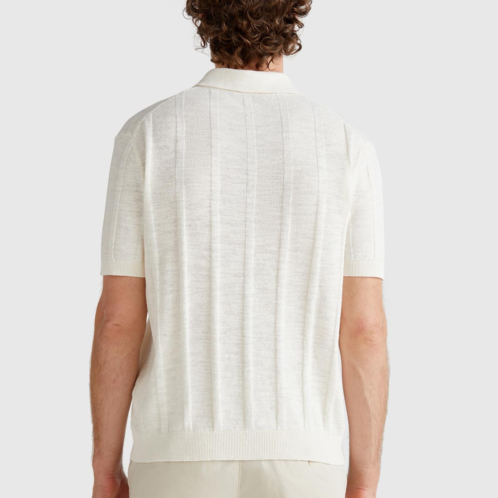 Erkek Krem Keten Karışımlı Kontrastlı Düğmeli Regular Fit Polo Yaka Kazak