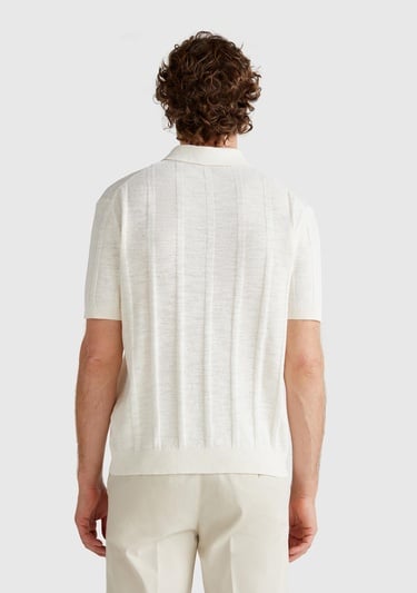  Erkek Krem Keten Karışımlı Kontrastlı Düğmeli Regular Fit Polo Yaka Kazak