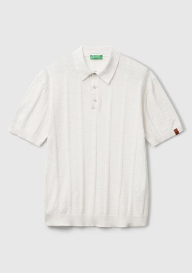  Erkek Krem Keten Karışımlı Kontrastlı Düğmeli Regular Fit Polo Yaka Kazak