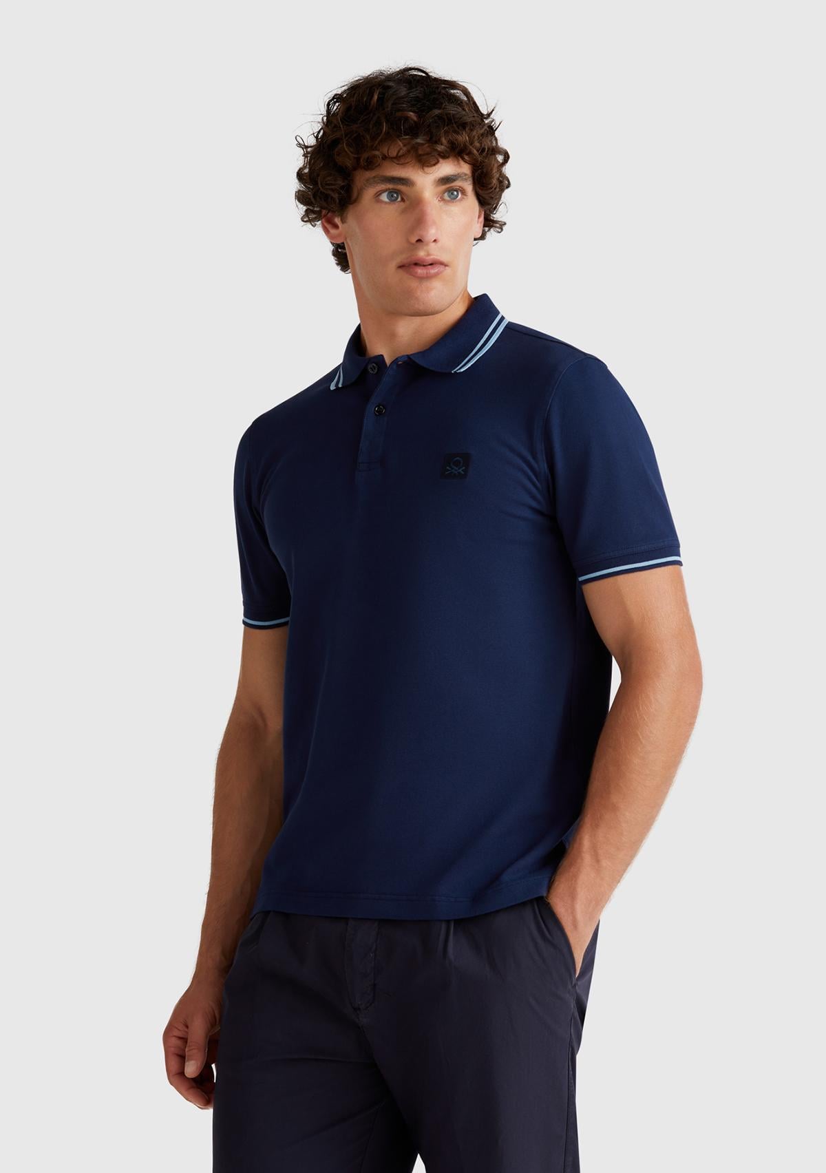  Erkek Lacivert Kol ve Yakası Çizgili Polo T-Shirt