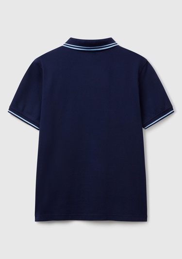  Erkek Lacivert Kol ve Yakası Çizgili Polo T-Shirt