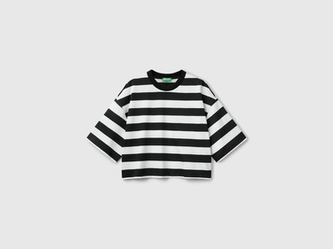  Kadın Siyah-Beyaz %100 Koton Boxy Fit Çizgili T-Shirt