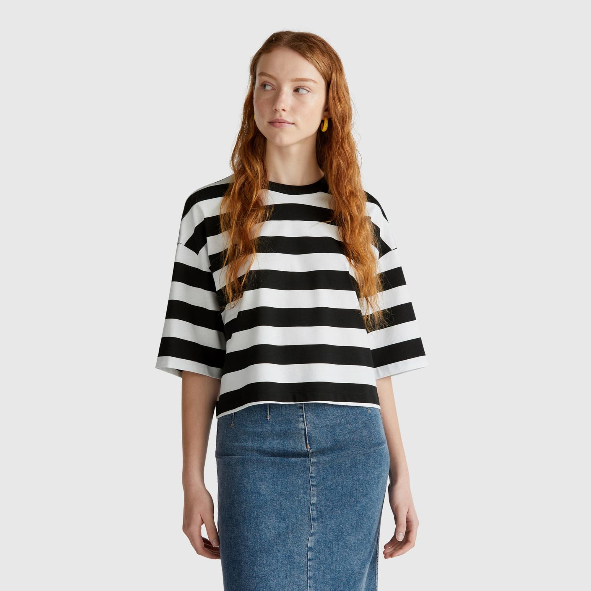 Kadın Siyah-Beyaz %100 Koton Boxy Fit Çizgili T-Shirt