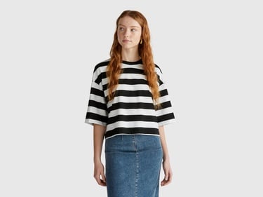  Kadın Siyah-Beyaz %100 Koton Boxy Fit Çizgili T-Shirt