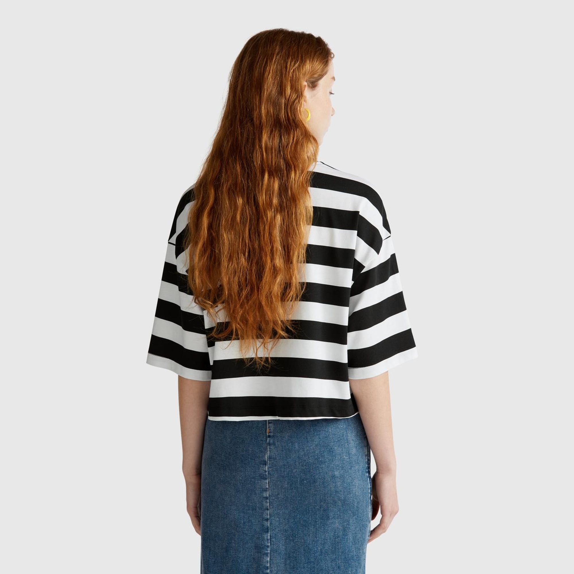 Kadın Siyah-Beyaz %100 Koton Boxy Fit Çizgili T-Shirt