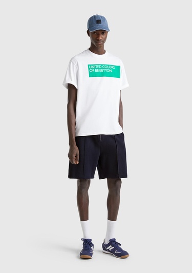  Erkek Lacivert %100 Pamuk Logo Detaylı Beli Büzgü İpli Bermuda Şort