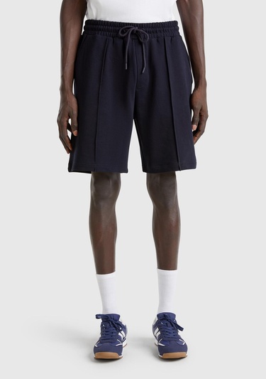 Erkek Lacivert %100 Pamuk Logo Detaylı Beli Büzgü İpli Bermuda Şort