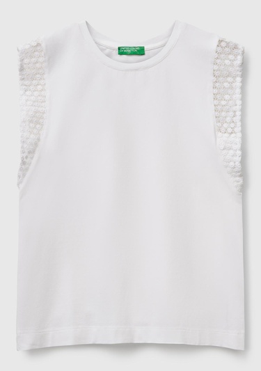  Kadın Beyaz Dantel Detaylı Kolsuz Esnek T-Shirt