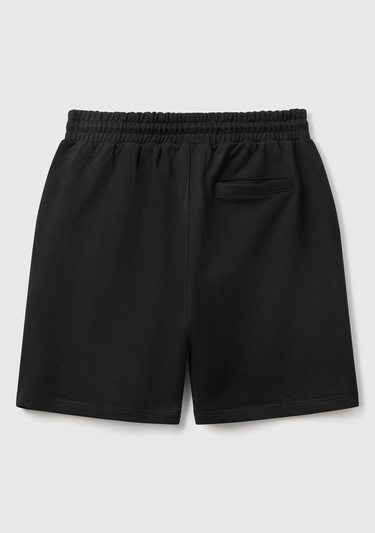  Erkek Siyah %100 Pamuk Logo Detaylı Beli Büzgü İpli Bermuda Şort