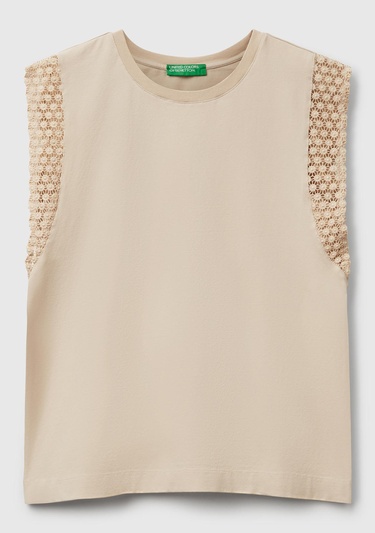  Kadın Taş Rengi Dantel Detaylı Kolsuz Esnek T-Shirt