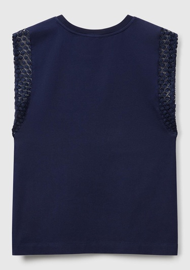  Kadın Lacivert Dantel Detaylı Kolsuz Esnek T-Shirt