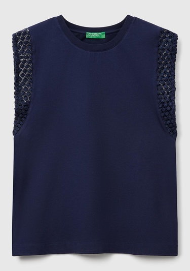  Kadın Lacivert Dantel Detaylı Kolsuz Esnek T-Shirt