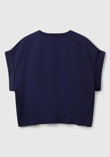  Kadın Lacivert Dantel Detaylı Kısa Kol Esnek T-Shirt