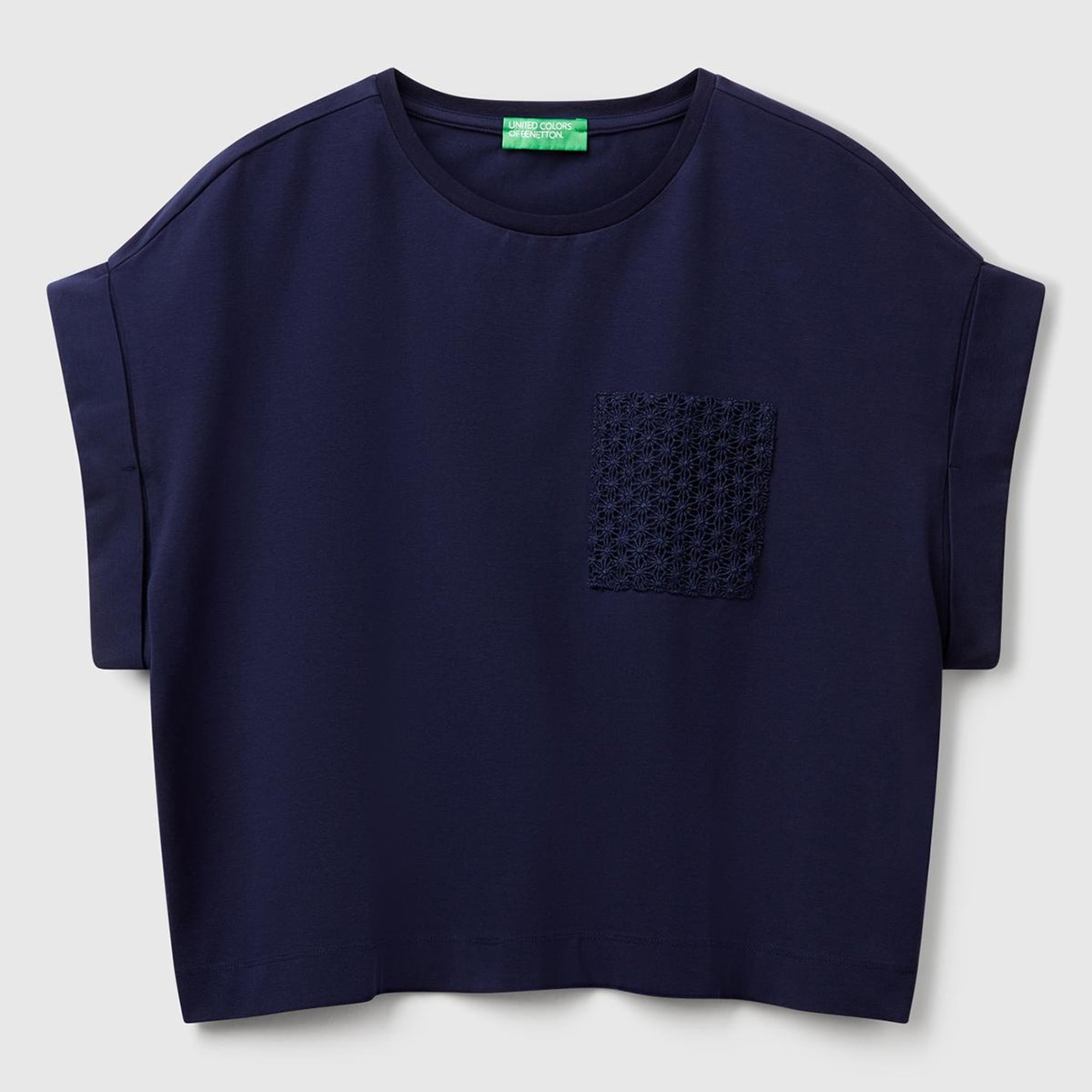 Kadın Lacivert Dantel Detaylı Kısa Kol Esnek T-Shirt