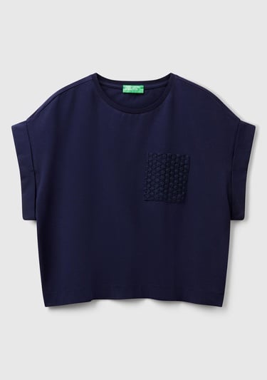  Kadın Lacivert Dantel Detaylı Kısa Kol Esnek T-Shirt