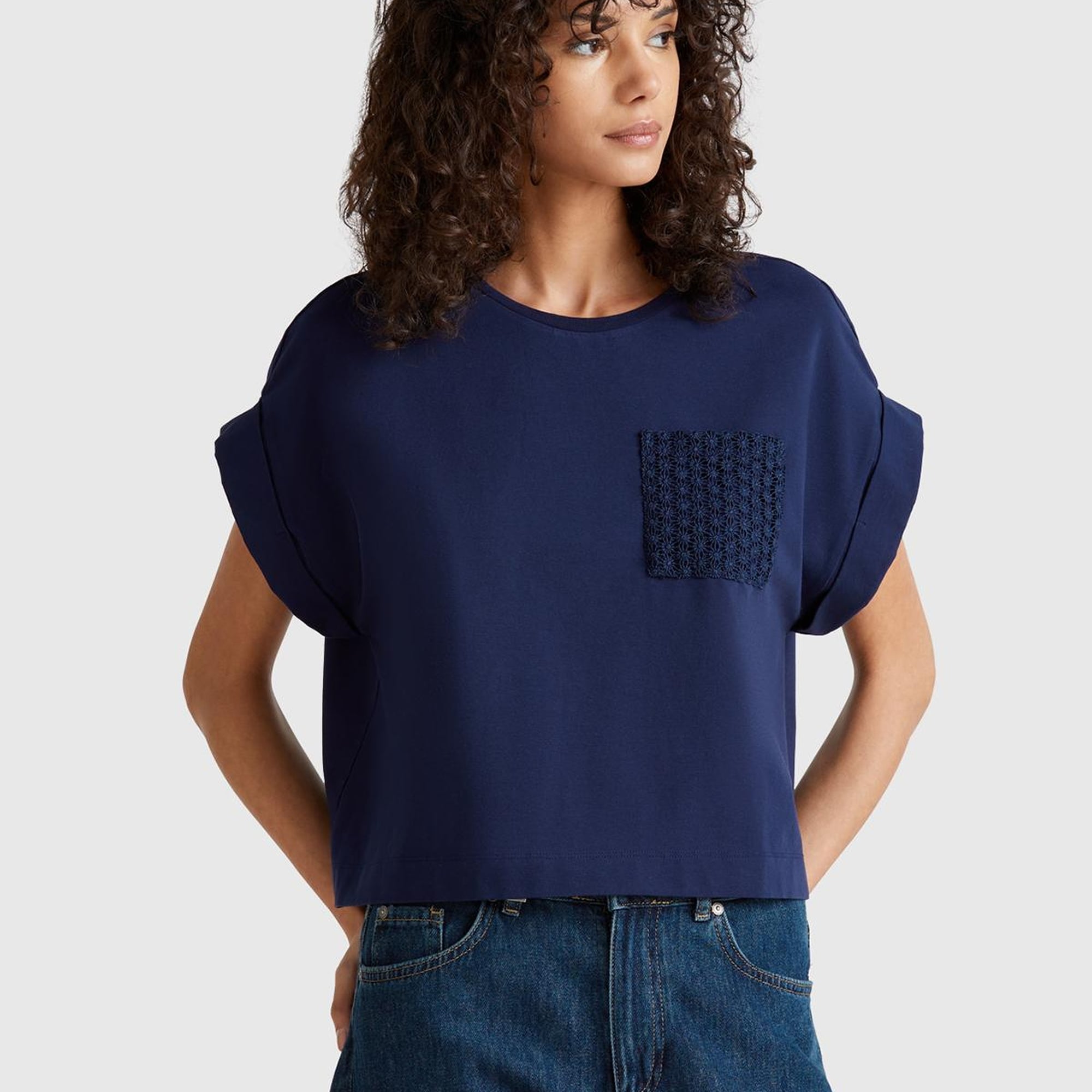 Kadın Lacivert Dantel Detaylı Kısa Kol Esnek T-Shirt