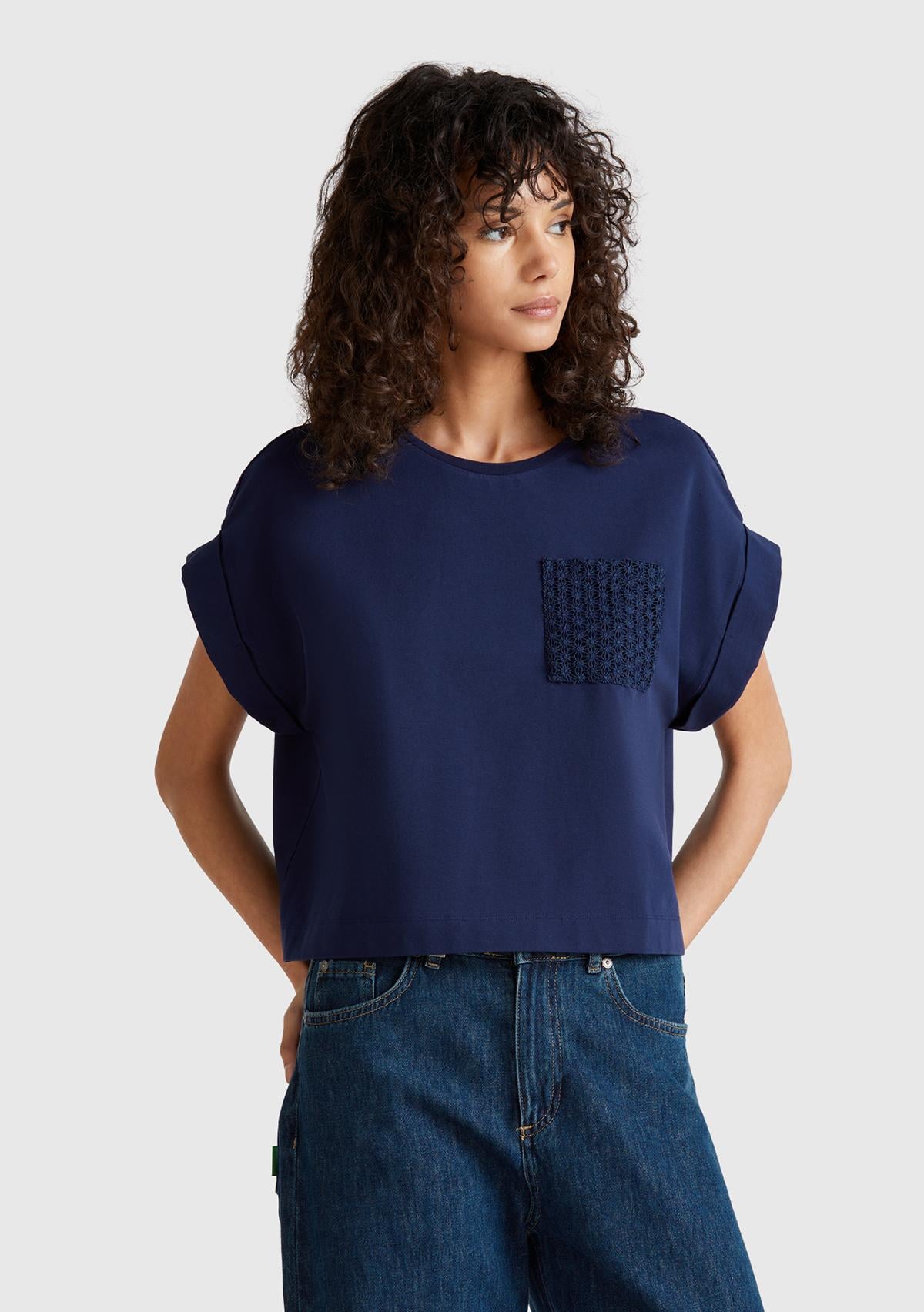  Kadın Lacivert Dantel Detaylı Kısa Kol Esnek T-Shirt