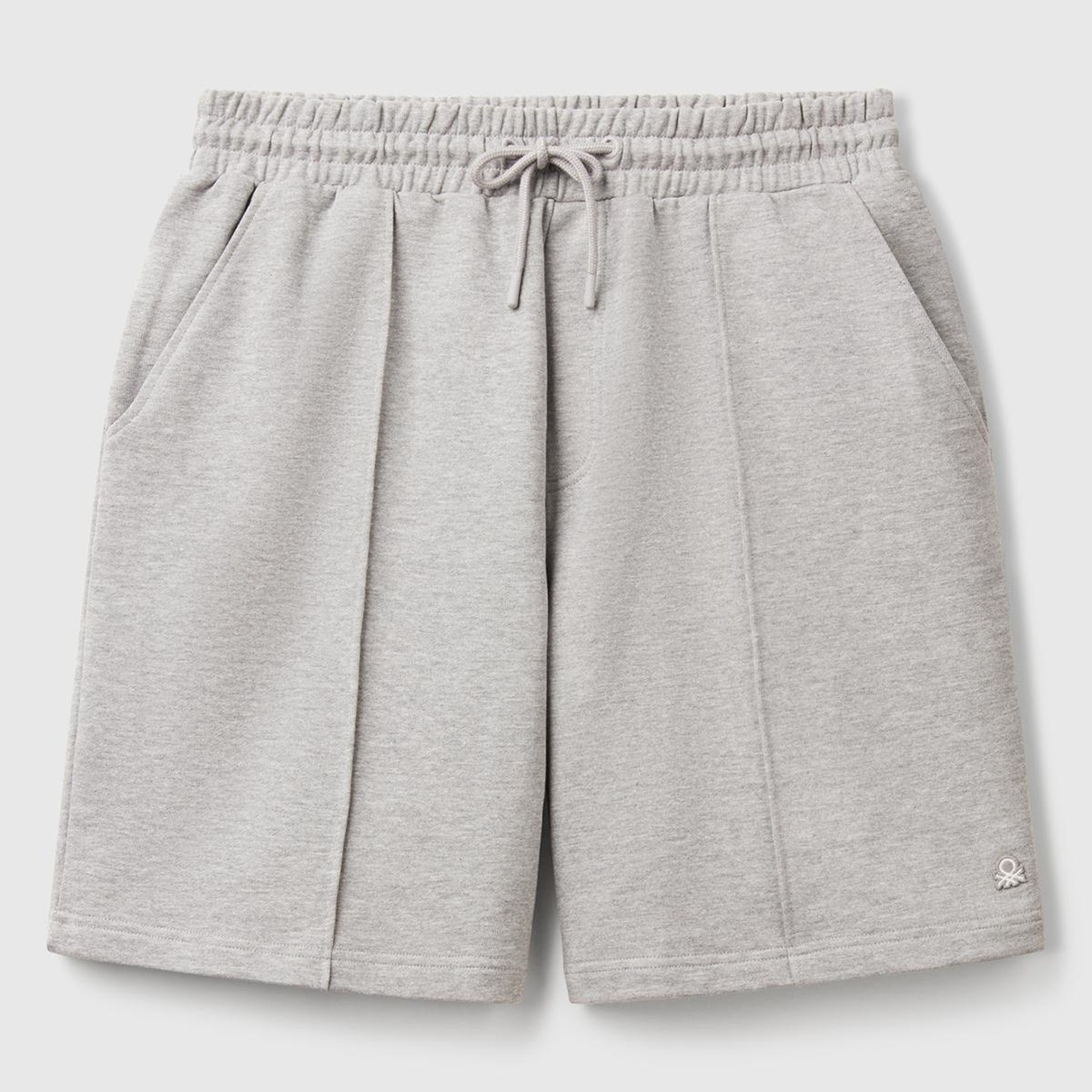 Erkek Gri Melanj %100 Pamuk Logo Detaylı Beli Büzgü İpli Bermuda Şort