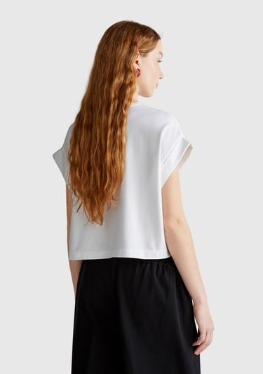  Kadın Beyaz Dantel Detaylı Kısa Kol Esnek T-Shirt