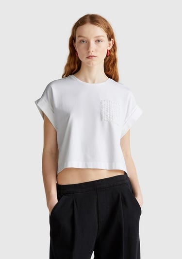  Kadın Beyaz Dantel Detaylı Kısa Kol Esnek T-Shirt