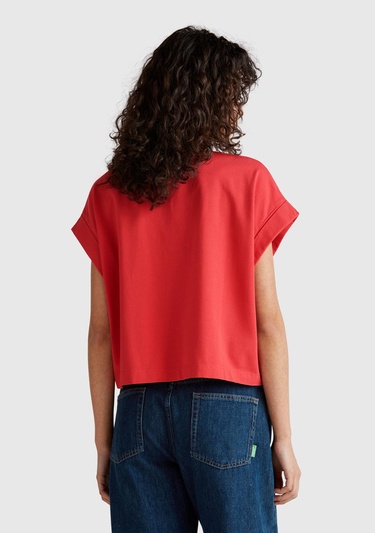  Kadın Mercan Dantel Detaylı Kısa Kol Esnek T-Shirt