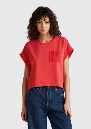  Kadın Mercan Dantel Detaylı Kısa Kol Esnek T-Shirt