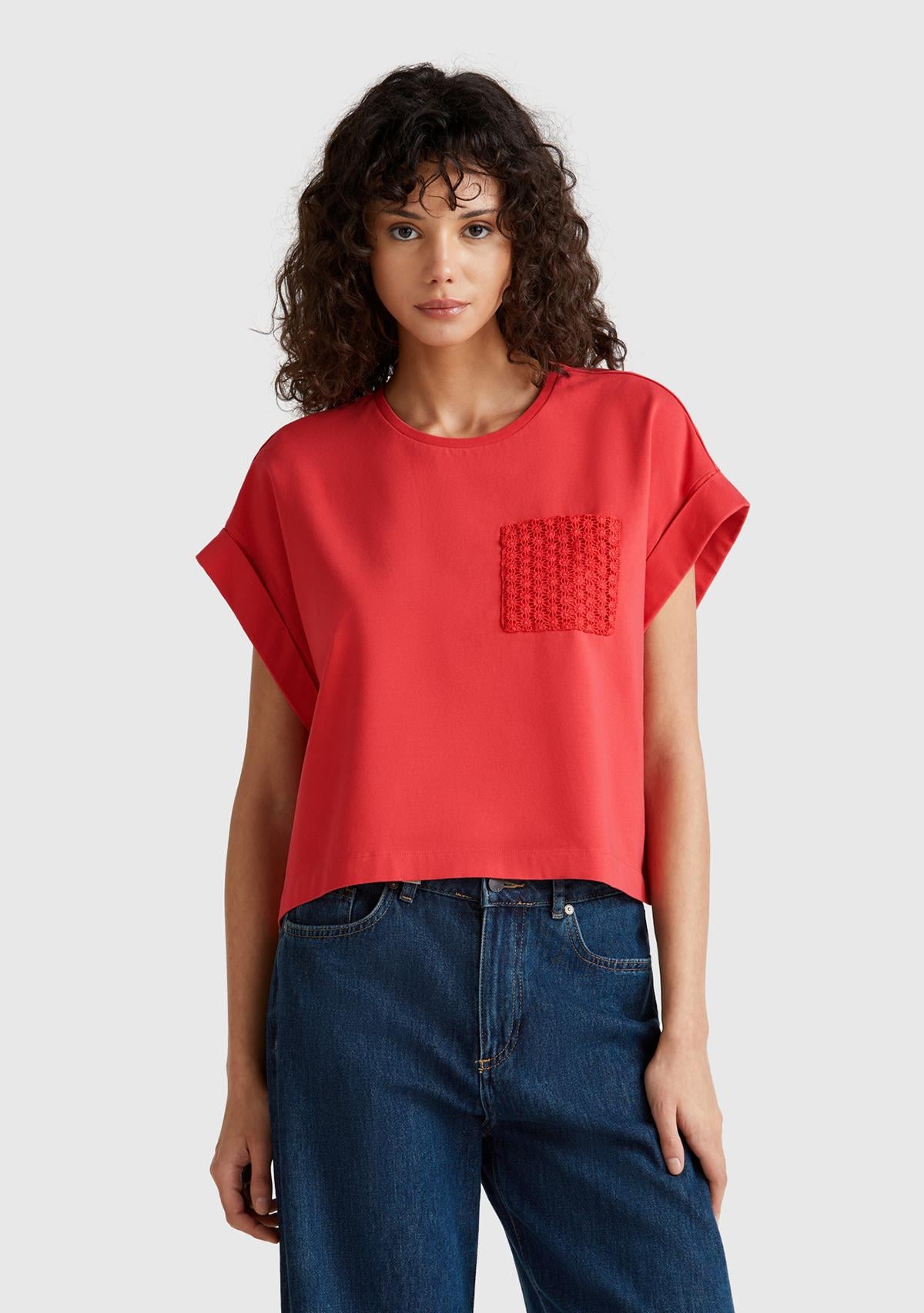  Kadın Mercan Dantel Detaylı Kısa Kol Esnek T-Shirt