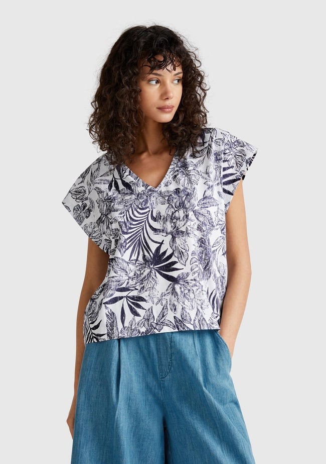  Kadın Mavi Mix %100 Koton Desenli V Yaka T-Shirt