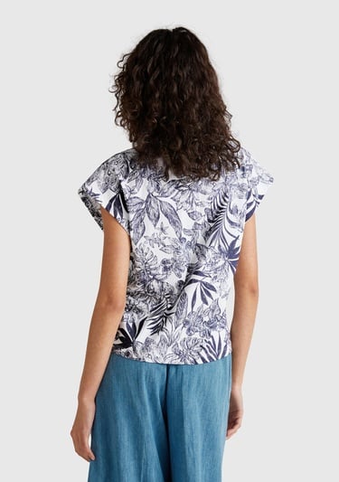  Kadın Mavi Mix %100 Koton Desenli V Yaka T-Shirt