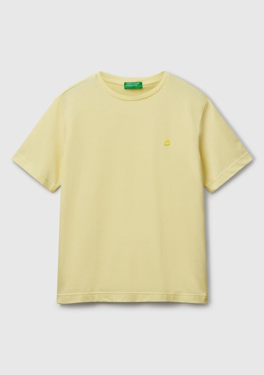  Erkek Sarı %100 Pamuk Göğsü Yama Logo İşlemeli Bisiklet Yaka T-Shirt