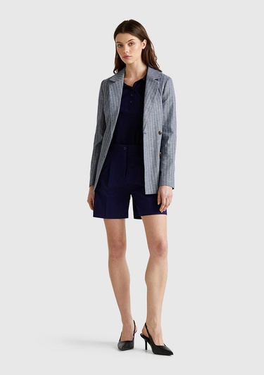  Kadın Lacivert Streç Pamuklu Arka Beli Lastikli Straight Fit Bermuda Şort