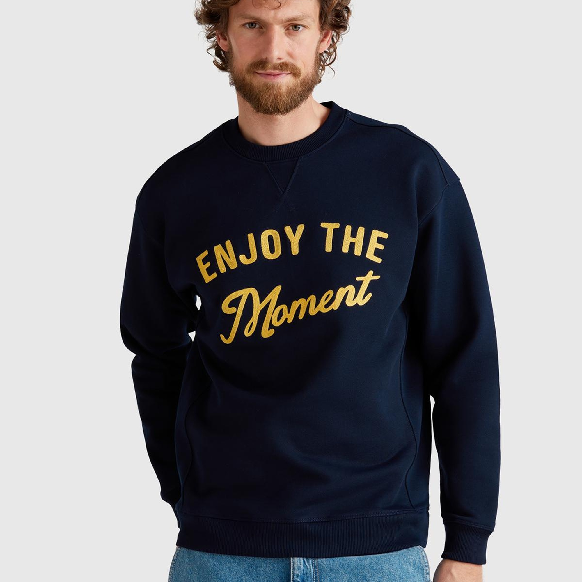 Erkek Lacivert Pamuk Karışımlı Önü Yazı Baskılı Relax Fit Sweatshirt