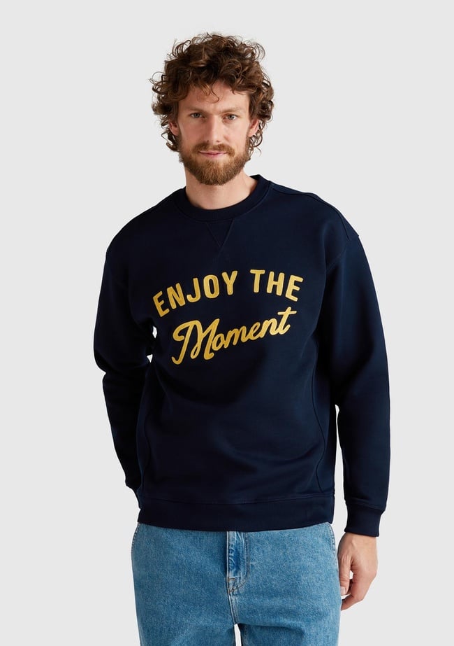  Erkek Lacivert Pamuk Karışımlı Önü Yazı Baskılı Relax Fit Sweatshirt