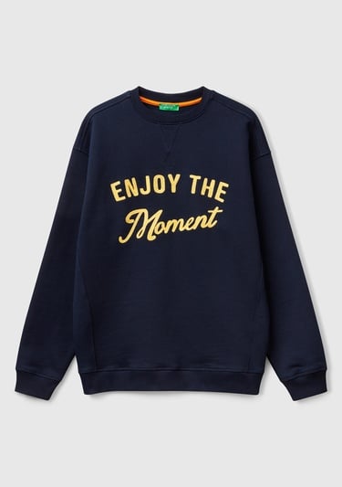  Erkek Lacivert Pamuk Karışımlı Önü Yazı Baskılı Relax Fit Sweatshirt