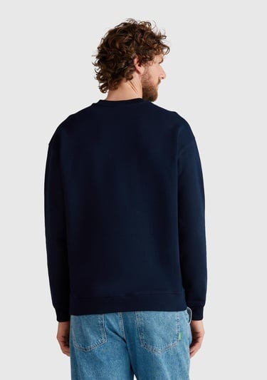  Erkek Lacivert Pamuk Karışımlı Önü Yazı Baskılı Relax Fit Sweatshirt