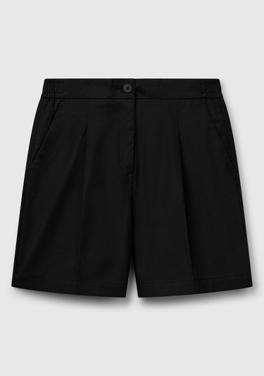  Kadın Siyah Streç Pamuklu Arka Beli Lastikli Straight Fit Bermuda Şort