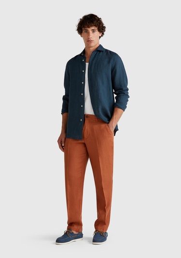  Erkek Koyu Kahverengi %100 Keten Pantolon