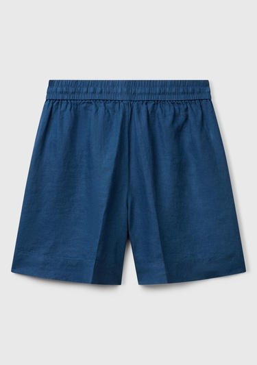  Kadın Denim %100 Keten Büzgü İpli Cepli Bermuda Şort