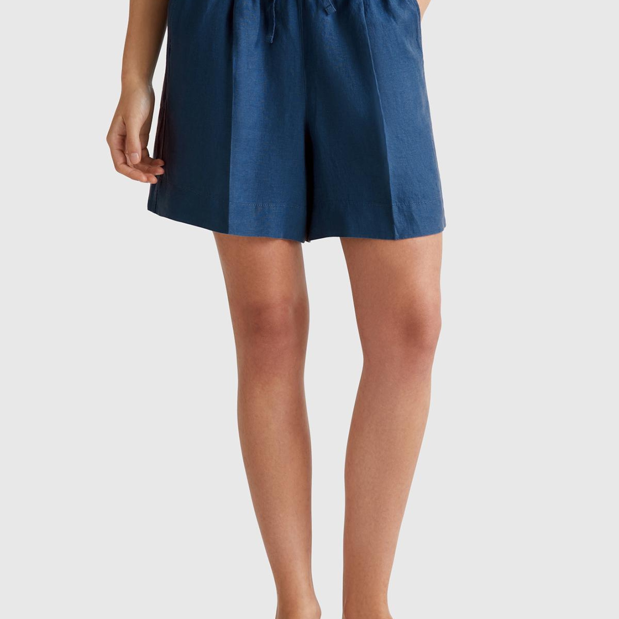 Kadın Denim %100 Keten Büzgü İpli Cepli Bermuda Şort